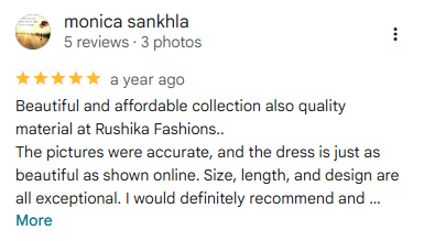 Google Review by Priya Sharma - 5 Stars for Rushika Fashions